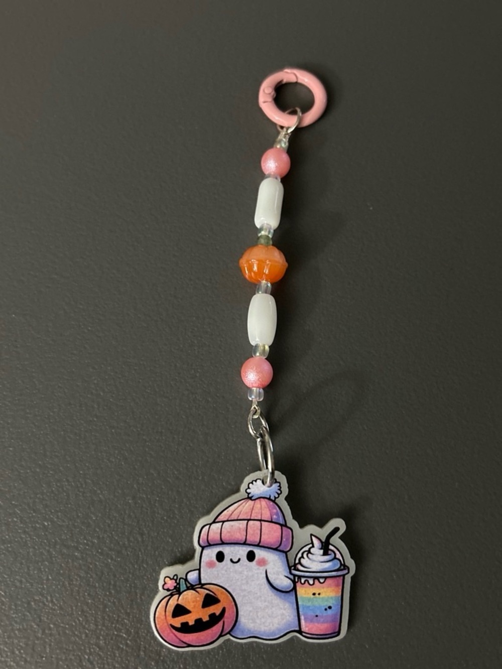 Handnade Ghost Pumpkin Bead Keychain Charm - Pink & Orange